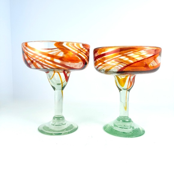 Hand Crafted Other - Vintage Handblown Margarita Glasses Set of 2 Orange/Red Swirled 16 Oz Retro Vibe